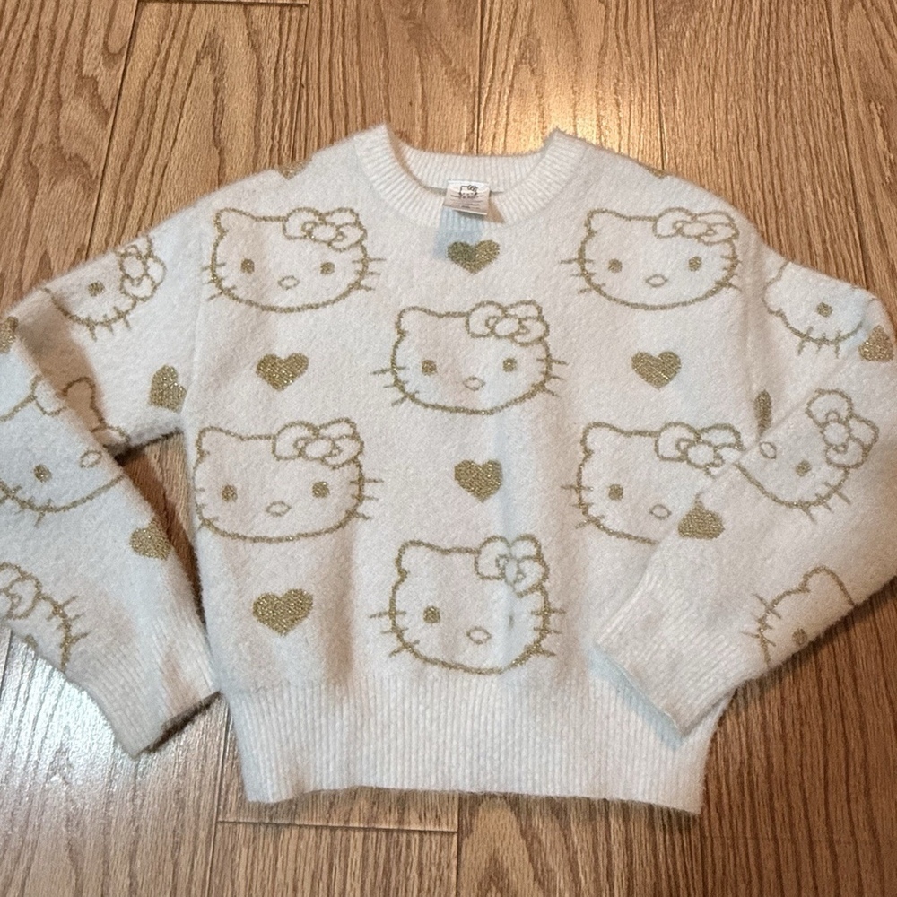 Hello Kitty Girls Sweater White Gold Metallic Hearts Sanrio Crewneck Size M(7/8)